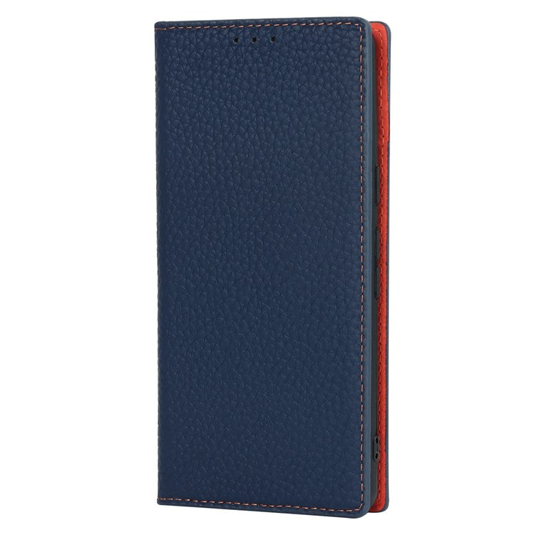 Genuine Leather Phone Case for Google Pixel 7a , Litchi Texture Wallet Stand Smartphone Cover with Strap - Dark Blue