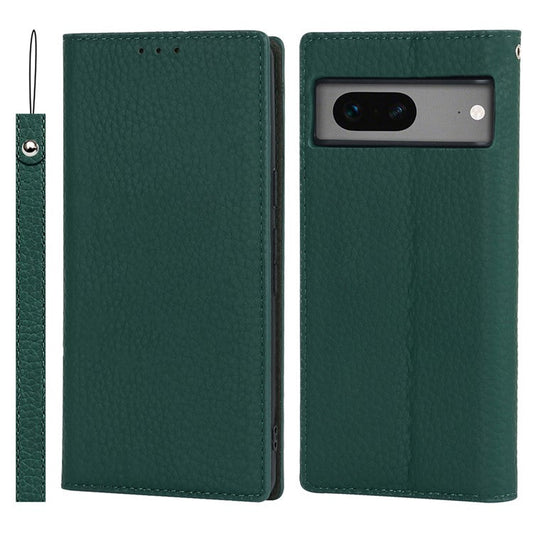 Genuine Leather Phone Case for Google Pixel 7a , Litchi Texture Wallet Stand Smartphone Cover with Strap - Green