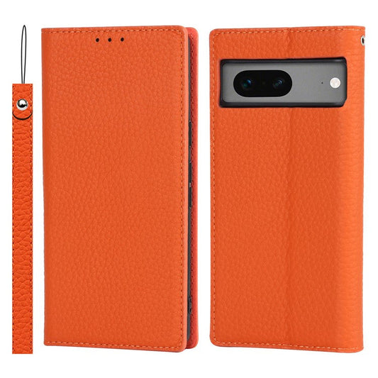 Genuine Leather Phone Case for Google Pixel 7a , Litchi Texture Wallet Stand Smartphone Cover with Strap - Orange