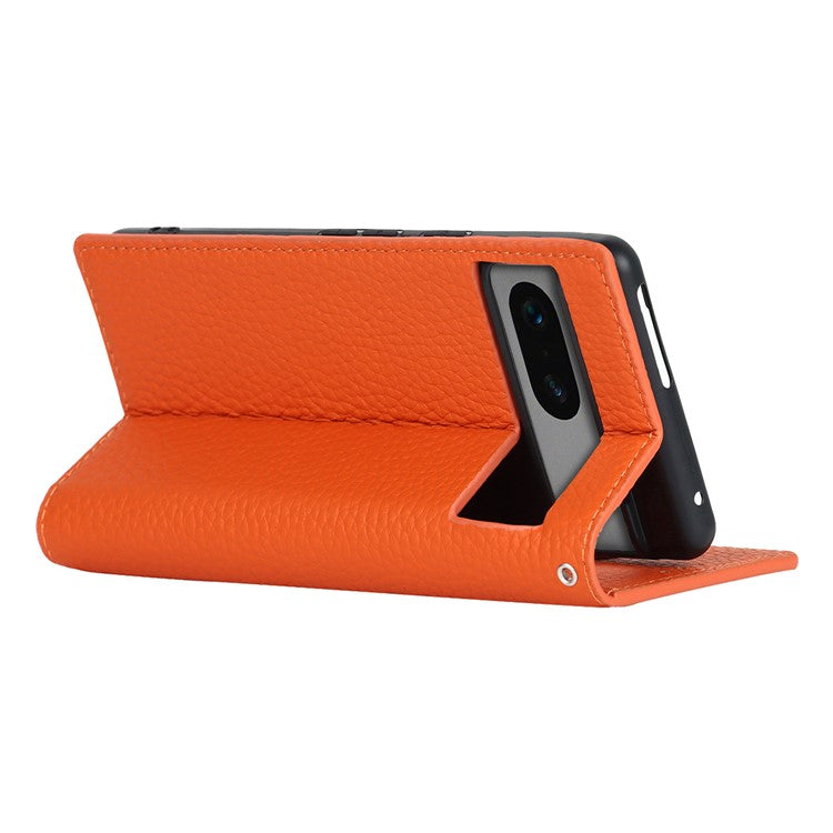 Genuine Leather Phone Case for Google Pixel 7a , Litchi Texture Wallet Stand Smartphone Cover with Strap - Orange