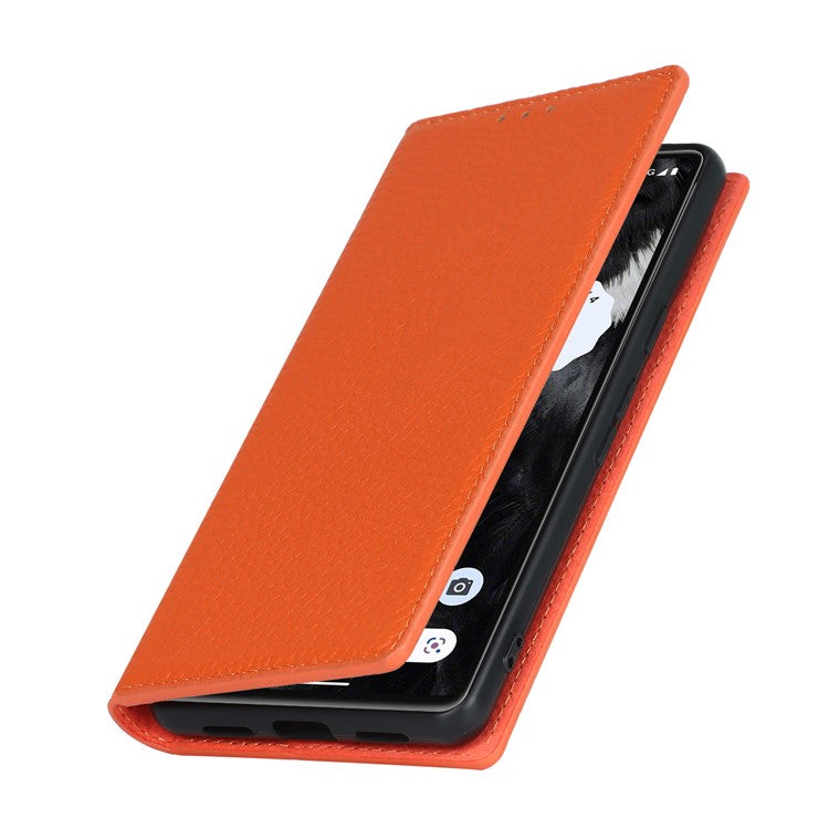 Genuine Leather Phone Case for Google Pixel 7a , Litchi Texture Wallet Stand Smartphone Cover with Strap - Orange