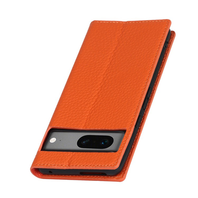 Genuine Leather Phone Case for Google Pixel 7a , Litchi Texture Wallet Stand Smartphone Cover with Strap - Orange