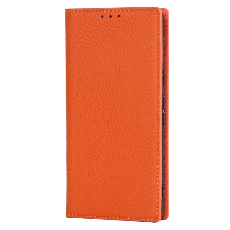 Genuine Leather Phone Case for Google Pixel 7a , Litchi Texture Wallet Stand Smartphone Cover with Strap - Orange