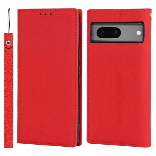 Genuine Leather Phone Case for Google Pixel 7a , Litchi Texture Wallet Stand Smartphone Cover with Strap - Red