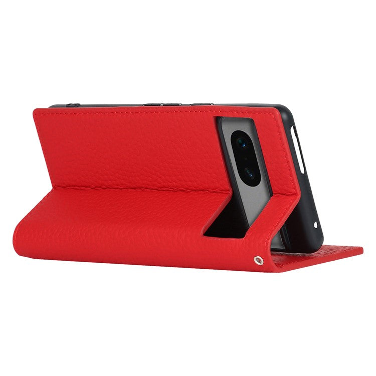 Genuine Leather Phone Case for Google Pixel 7a , Litchi Texture Wallet Stand Smartphone Cover with Strap - Red