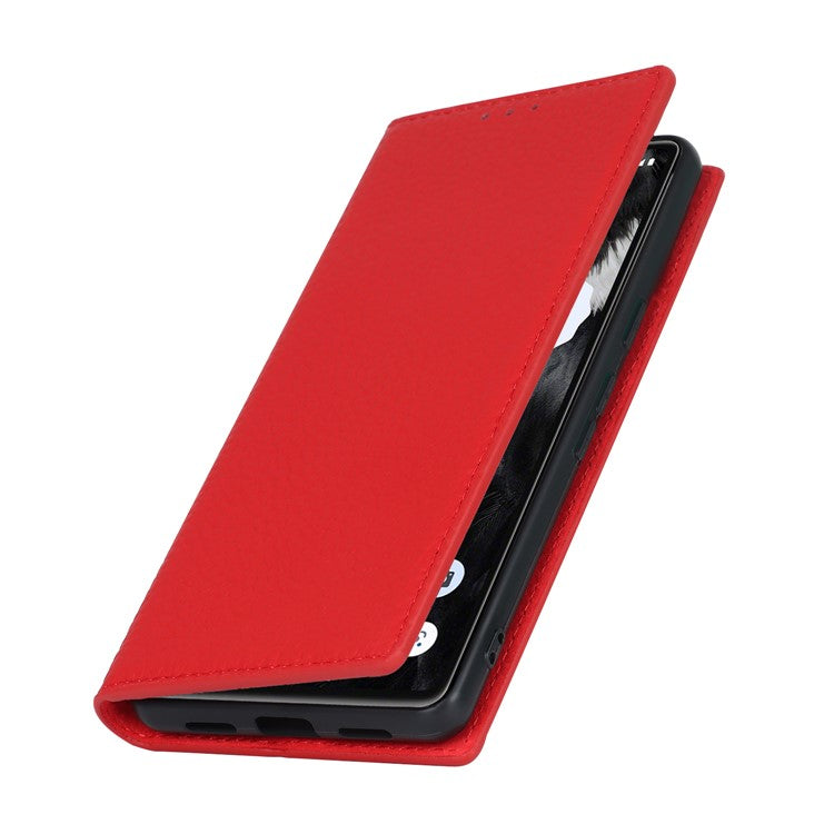 Genuine Leather Phone Case for Google Pixel 7a , Litchi Texture Wallet Stand Smartphone Cover with Strap - Red