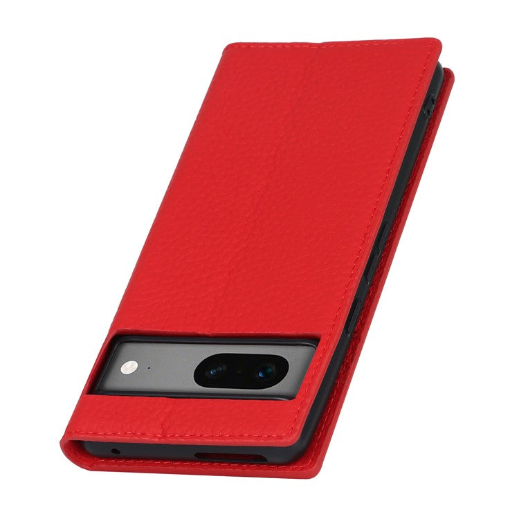 Genuine Leather Phone Case for Google Pixel 7a , Litchi Texture Wallet Stand Smartphone Cover with Strap - Red