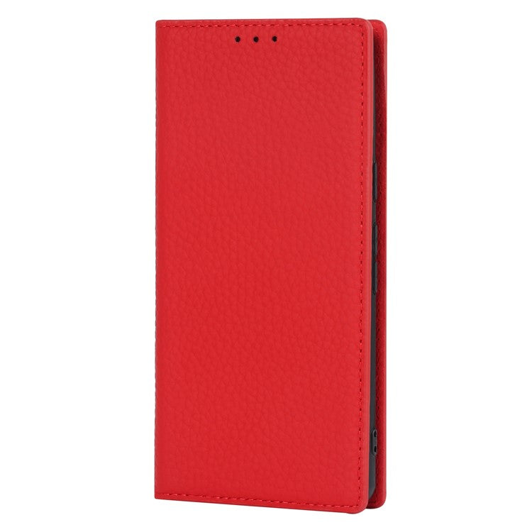 Genuine Leather Phone Case for Google Pixel 7a , Litchi Texture Wallet Stand Smartphone Cover with Strap - Red