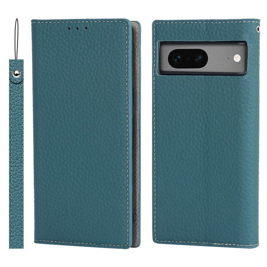 Genuine Leather Phone Case for Google Pixel 7a , Litchi Texture Wallet Stand Smartphone Cover with Strap - Baby Blue