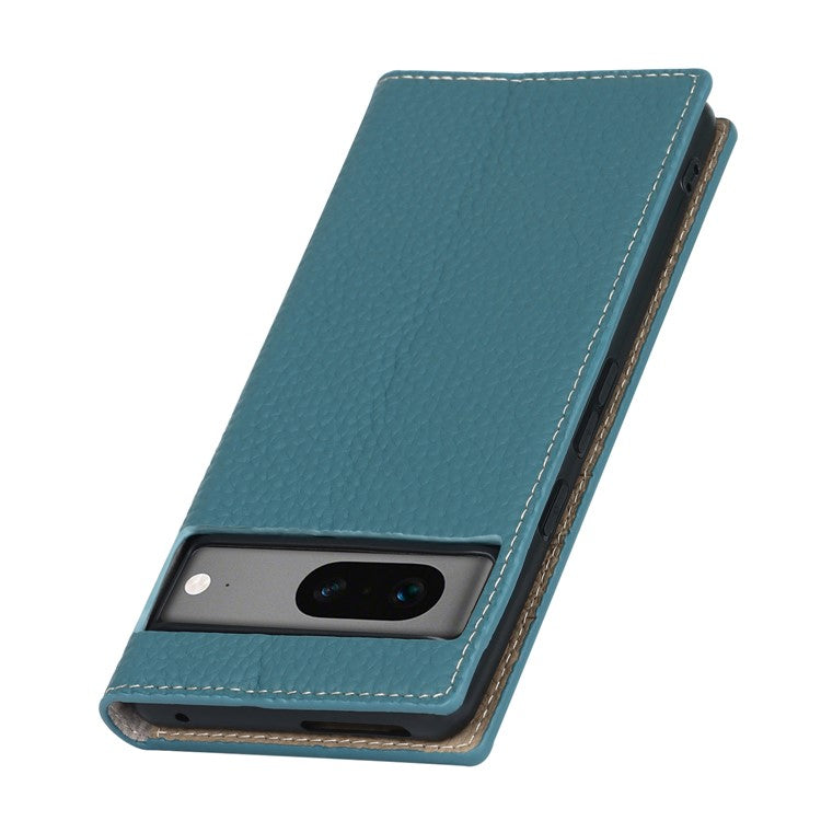 Genuine Leather Phone Case for Google Pixel 7a , Litchi Texture Wallet Stand Smartphone Cover with Strap - Baby Blue