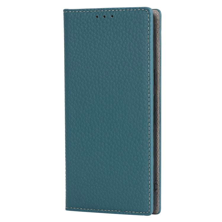 Genuine Leather Phone Case for Google Pixel 7a , Litchi Texture Wallet Stand Smartphone Cover with Strap - Baby Blue