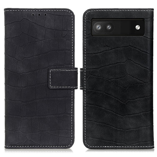 For Google Pixel 7a Leather Phone Case with Wallet Stand Crocodile Texture Protective Phone Cover - Black