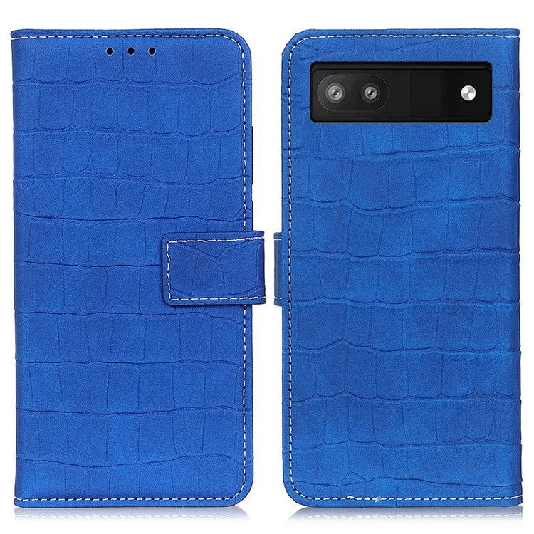 For Google Pixel 7a Leather Phone Case with Wallet Stand Crocodile Texture Protective Phone Cover - Blue