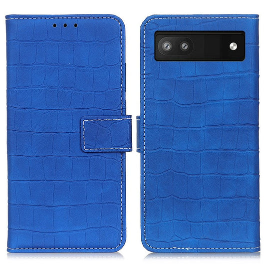 For Google Pixel 7a Leather Phone Case with Wallet Stand Crocodile Texture Protective Phone Cover - Blue