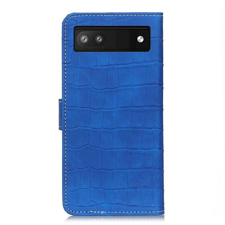 For Google Pixel 7a Leather Phone Case with Wallet Stand Crocodile Texture Protective Phone Cover - Blue