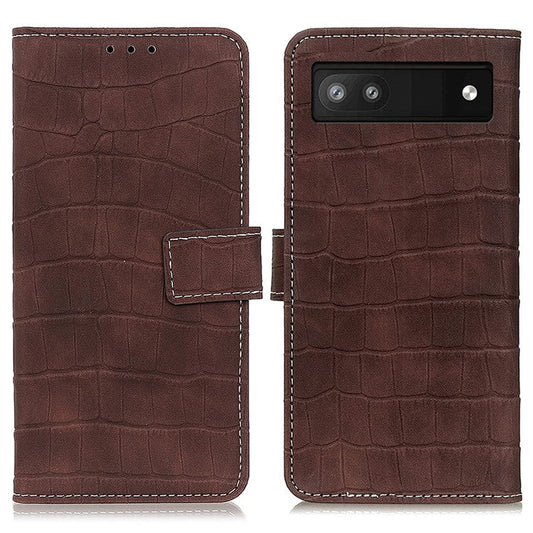 For Google Pixel 7a Leather Phone Case with Wallet Stand Crocodile Texture Protective Phone Cover - Brown
