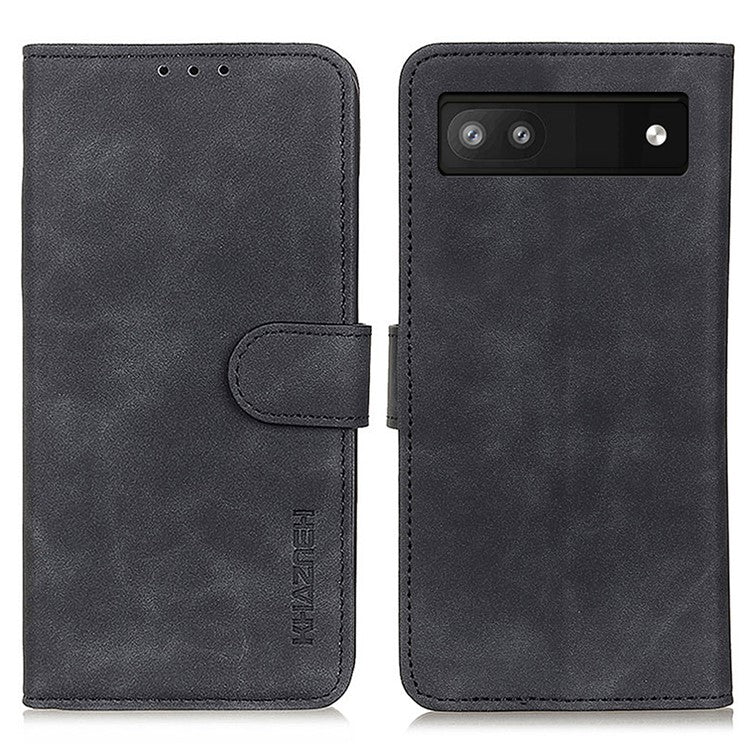 KHAZNEH For Google Pixel 7a Phone Leather Case Retro Texture Phone Cover with Stand Wallet - Black