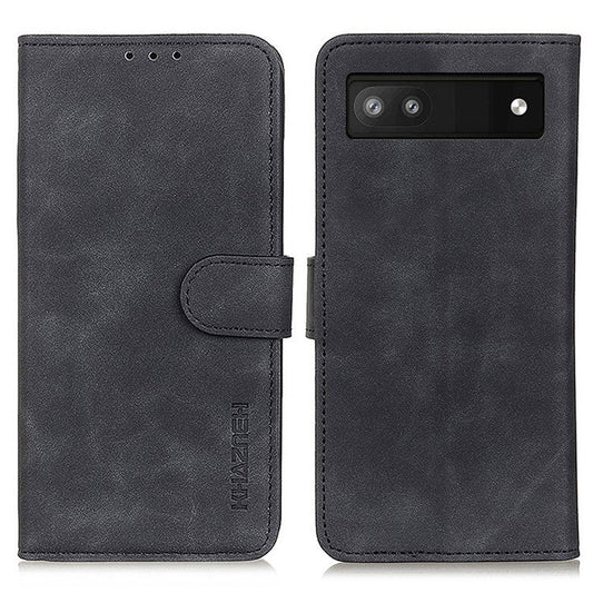 KHAZNEH For Google Pixel 7a Phone Leather Case Retro Texture Phone Cover with Stand Wallet - Black
