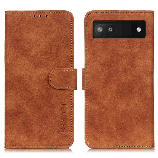KHAZNEH For Google Pixel 7a Phone Leather Case Retro Texture Phone Cover with Stand Wallet - Brown