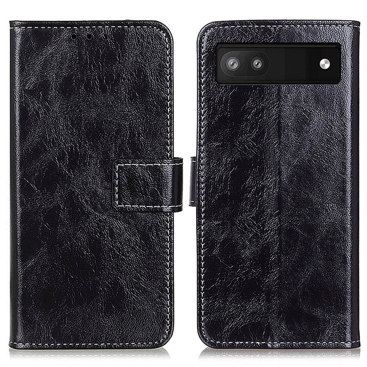 For Google Pixel 7a Stand Phone Case Retro Crazy Horse Texture Leather Phone Cover with Wallet - Black