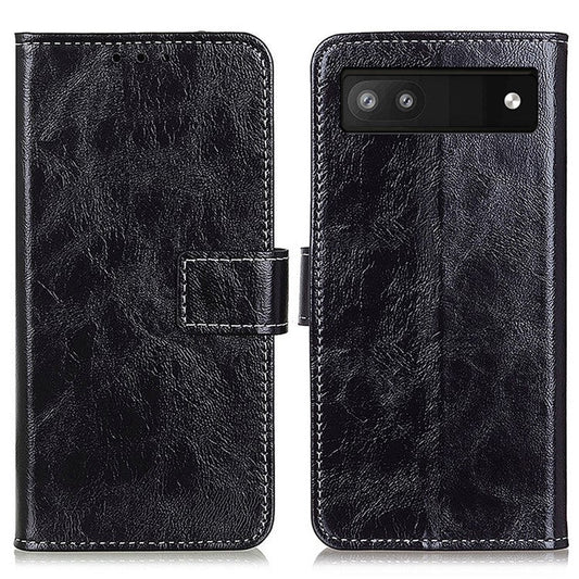 For Google Pixel 7a Stand Phone Case Retro Crazy Horse Texture Leather Phone Cover with Wallet - Black