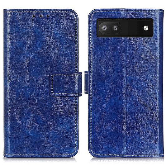 For Google Pixel 7a Stand Phone Case Retro Crazy Horse Texture Leather Phone Cover with Wallet - Blue