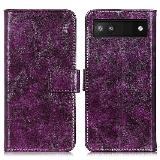For Google Pixel 7a Stand Phone Case Retro Crazy Horse Texture Leather Phone Cover with Wallet - Purple