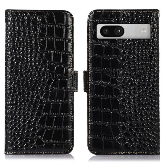 RFID Blocking Phone Stand Case for Google Pixel 7a , Genuine Cowhide Leather Smartphone Wallet Cover - Black