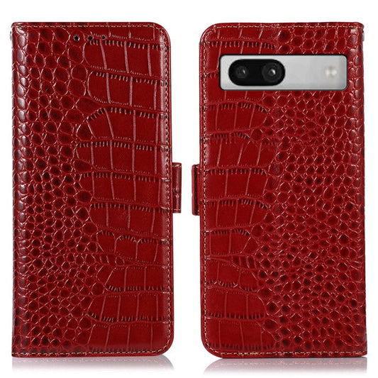 RFID Blocking Phone Stand Case for Google Pixel 7a , Genuine Cowhide Leather Smartphone Wallet Cover - Red
