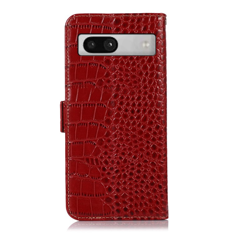 RFID Blocking Phone Stand Case for Google Pixel 7a , Genuine Cowhide Leather Smartphone Wallet Cover - Red