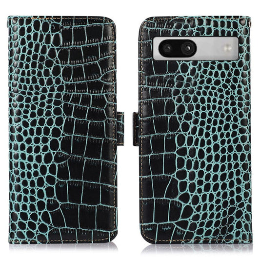 RFID Blocking Phone Stand Case for Google Pixel 7a , Genuine Cowhide Leather Smartphone Wallet Cover - Green