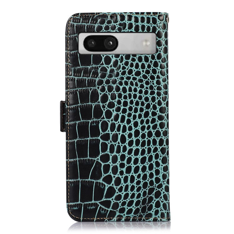 RFID Blocking Phone Stand Case for Google Pixel 7a , Genuine Cowhide Leather Smartphone Wallet Cover - Green
