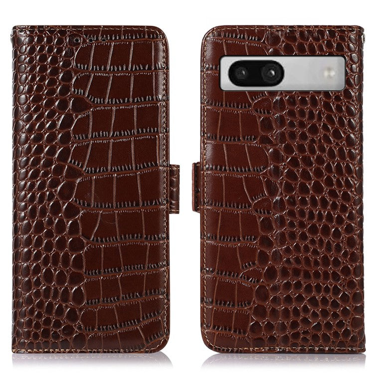 RFID Blocking Phone Stand Case for Google Pixel 7a , Genuine Cowhide Leather Smartphone Wallet Cover - Brown