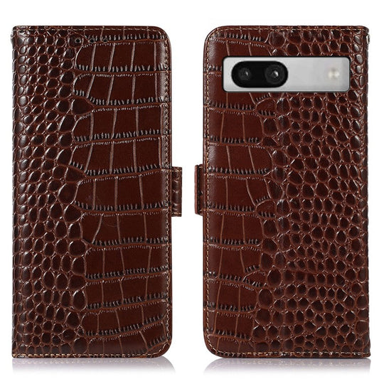 RFID Blocking Phone Stand Case for Google Pixel 7a , Genuine Cowhide Leather Smartphone Wallet Cover - Brown