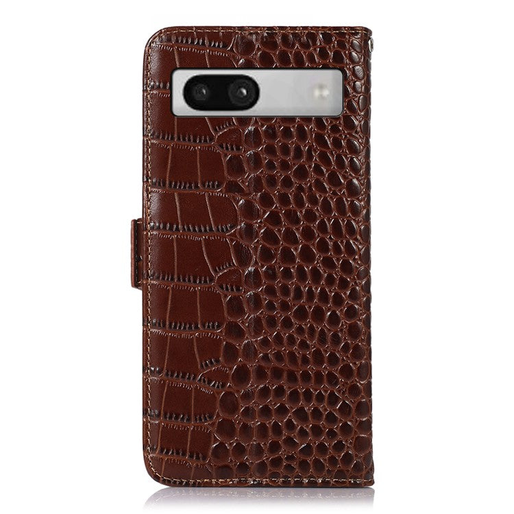 RFID Blocking Phone Stand Case for Google Pixel 7a , Genuine Cowhide Leather Smartphone Wallet Cover - Brown