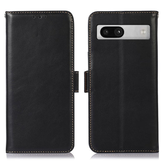 For Google Pixel 7a Phone Case RFID Blocking Genuine Cowhide Leather Phone Cover with Stand Wallet - Black