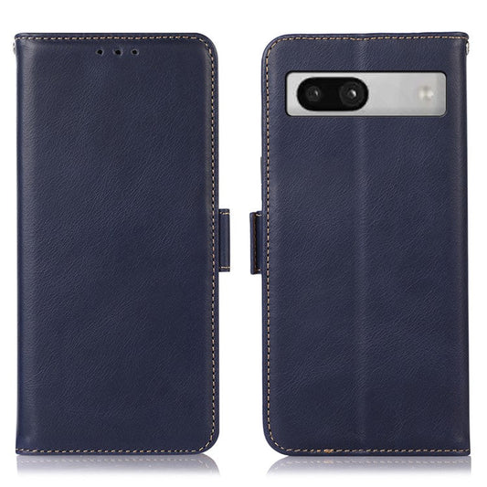 For Google Pixel 7a Phone Case RFID Blocking Genuine Cowhide Leather Phone Cover with Stand Wallet - Blue
