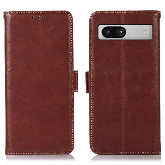 For Google Pixel 7a Phone Case RFID Blocking Genuine Cowhide Leather Phone Cover with Stand Wallet - Brown