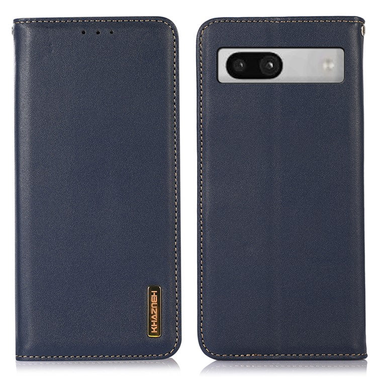 KHAZNEH for Google Pixel 7a Genuine Cowhide Leather Phone Cover Stand Wallet Phone Case with RFID Blocking - Blue
