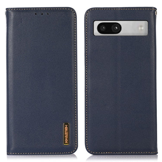 KHAZNEH for Google Pixel 7a Genuine Cowhide Leather Phone Cover Stand Wallet Phone Case with RFID Blocking - Blue