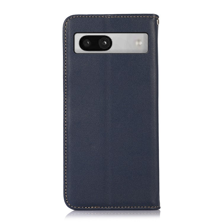 KHAZNEH for Google Pixel 7a Genuine Cowhide Leather Phone Cover Stand Wallet Phone Case with RFID Blocking - Blue