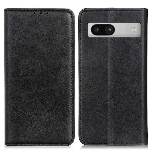 Split Leather Cell Phone Case for Google Pixel 7a , Wallet Stand Shockproof Phone Cover - Black