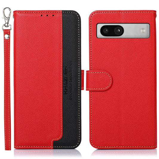 KHAZNEH For Google Pixel 7a RFID Blocking Wallet Phone Case Litchi Texture Leather Stand Phone Cover - Red