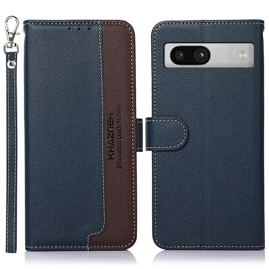 KHAZNEH For Google Pixel 7a RFID Blocking Wallet Phone Case Litchi Texture Leather Stand Phone Cover - Blue