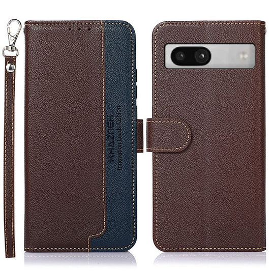 KHAZNEH For Google Pixel 7a RFID Blocking Wallet Phone Case Litchi Texture Leather Stand Phone Cover - Brown