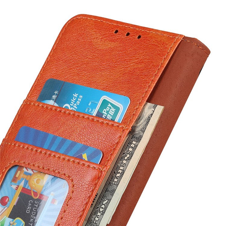 For Samsung Galaxy M14 5G Split Leather Phone Case Nappa Texture Stand Wallet Magnetic Clasp Phone Cover - Orange