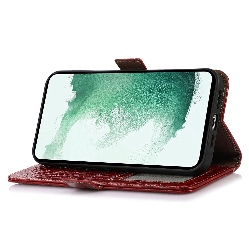 Wallet Phone Case for Samsung Galaxy M14 5G RFID Blocking Genuine Cowhide Leather Phone Cover - Red