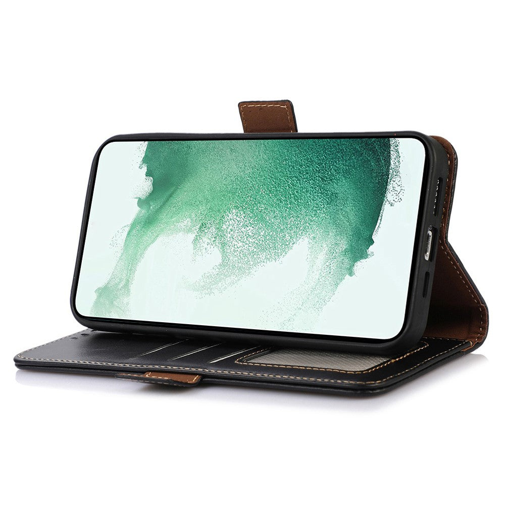 For Samsung Galaxy M14 5G Case RFID Blocking Genuine Cowhide Leather Wallet Phone Cover - Black