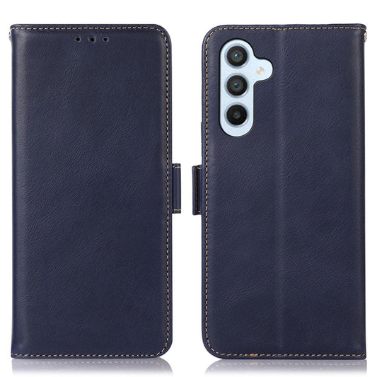 For Samsung Galaxy M14 5G Case RFID Blocking Genuine Cowhide Leather Wallet Phone Cover - Blue
