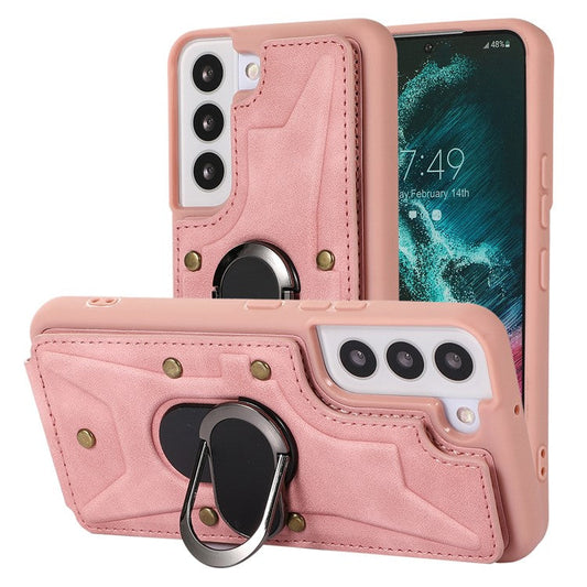 For Samsung Galaxy S23+ Rotary Ring Kickstand Phone Case Card Slots Leather Coated TPU Cover - Pink
